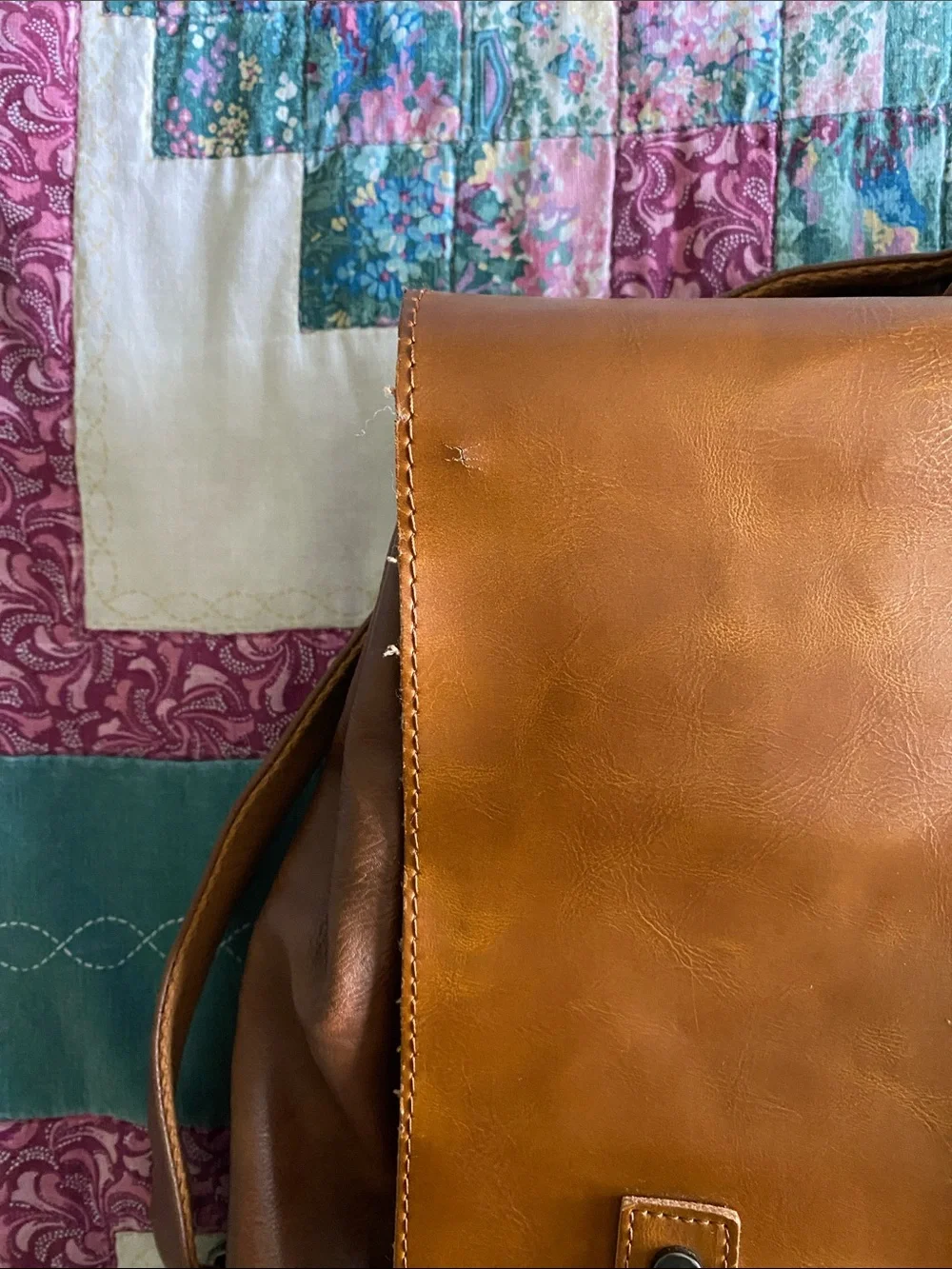 Men's Tan Leather Backpack with Front Buckle Flap